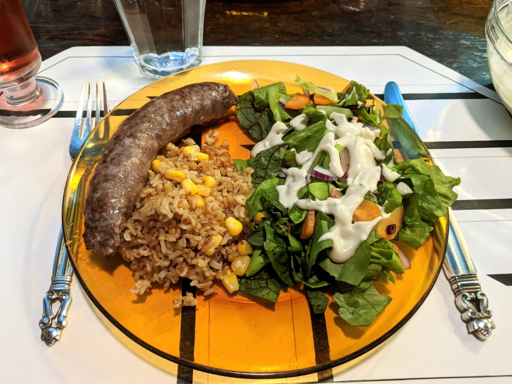 Duck and pork sausage, salad with blue cheese dressing, and tamari fried rice with corn 2.jpg