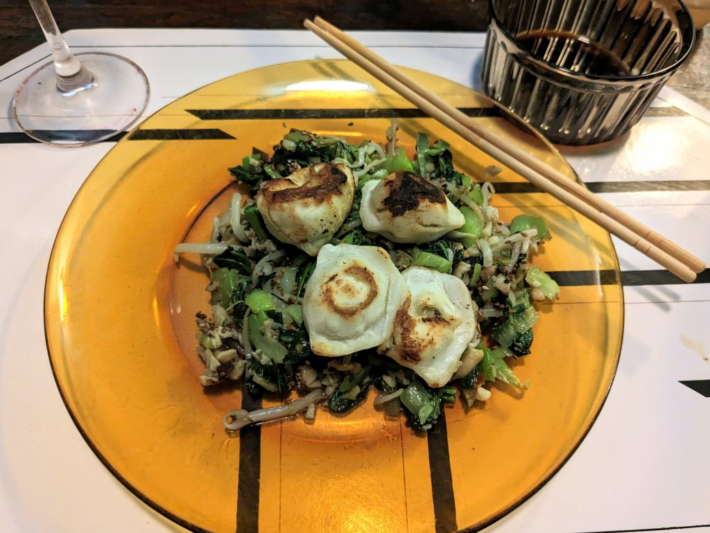 Dumplings with Shitake and Bok choy Stir fry and dipping sauce.jpg