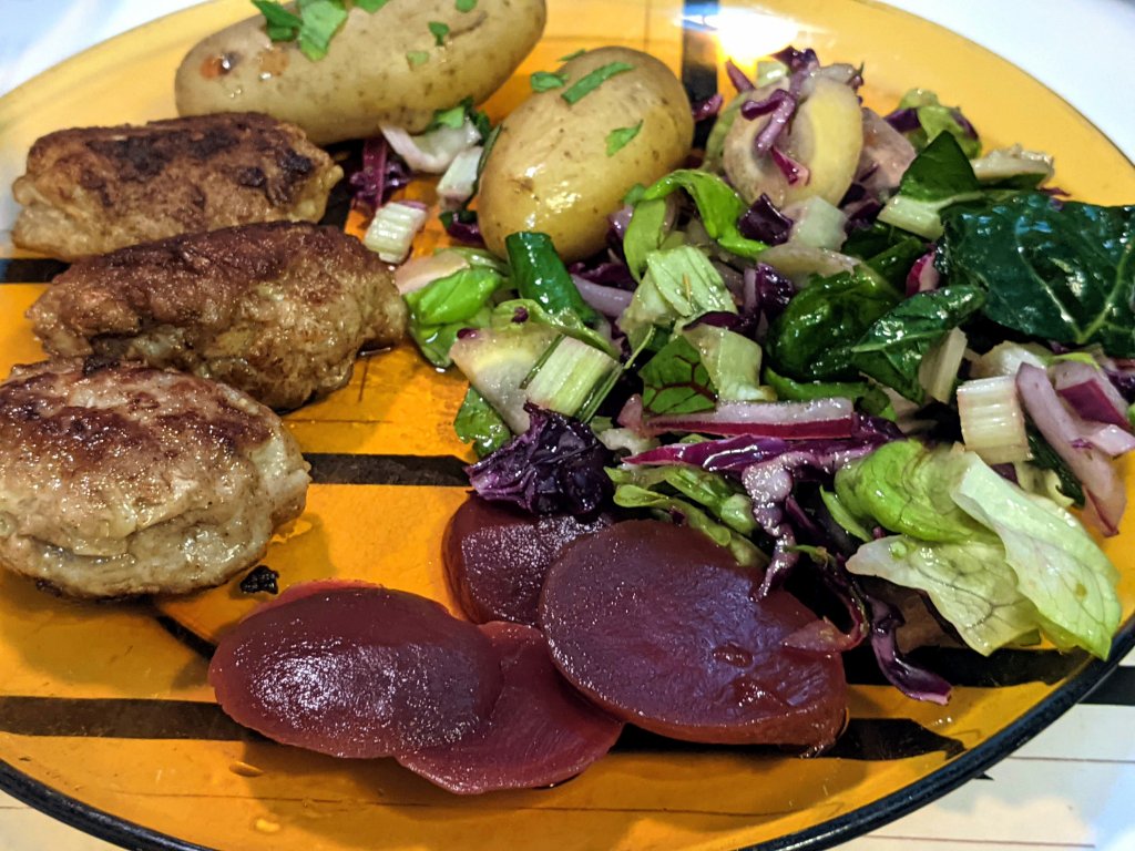 Frikadeller, potatoes, salad, and pickled beets.jpg
