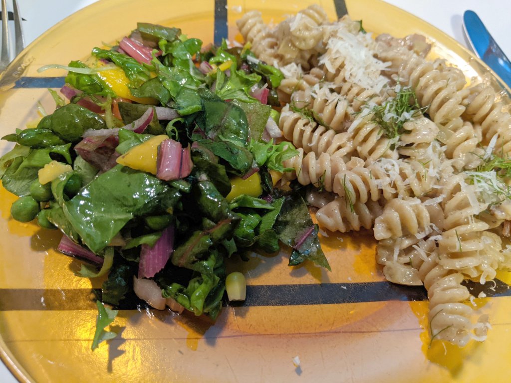 Fusilli in a vodka cream sauce and a salad with mango.jpg