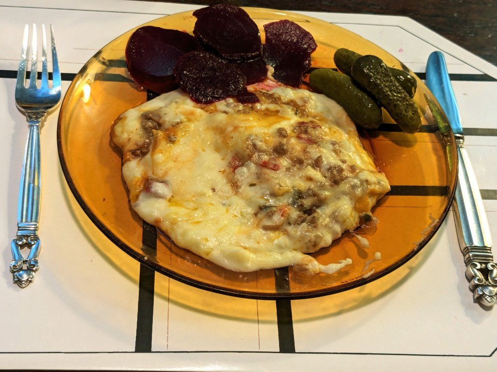 Ground Beef Casserole with a Potato Lid, pickled beets and baby dill pickles.jpg