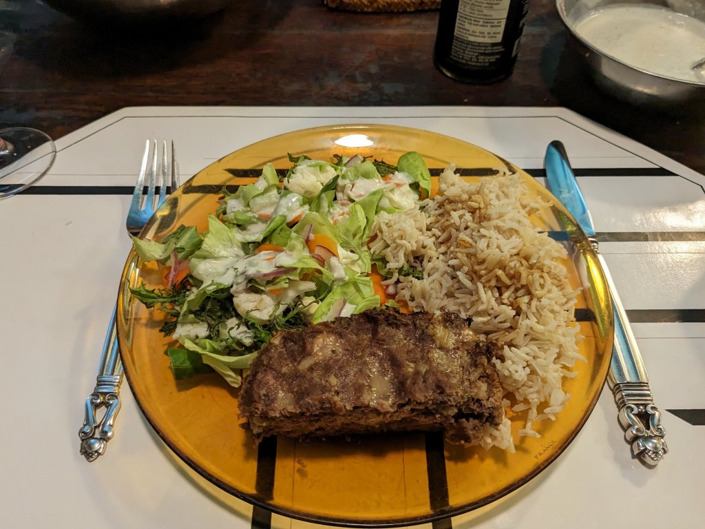 Meatloaf, brown basmati rice, and a salad with blue cheese dressing.jpg