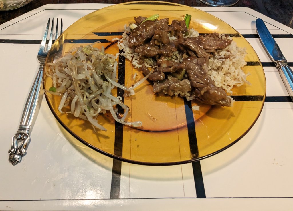 Mongolian beef, brown basmati rice, and mung beans.jpg