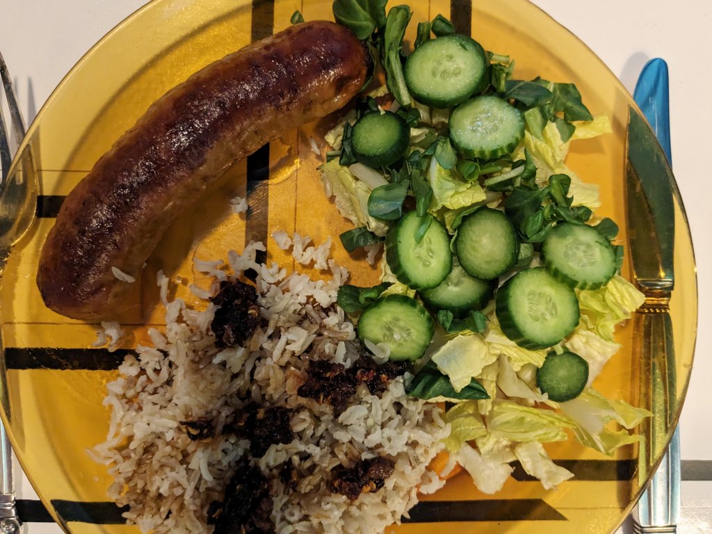 Roasted sausage, brown basmati rice, and salad.jpg
