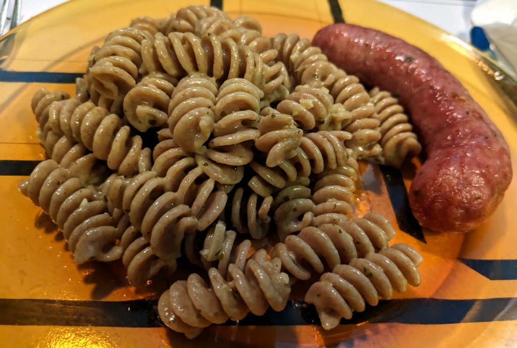 Santiago Lime & Cilantro sausages and spelt fusilli with a garlic, anchovy, and basil pesto, c...jpg