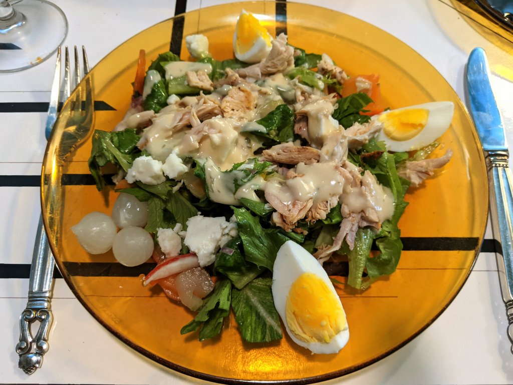 Supper salad with leftover piri piri chicken, feta, and hard cooked eggs 2.jpg