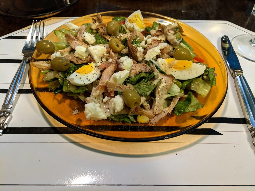 Supper salad with leftover piri piri chicken, feta, and hard cooked eggs.jpg