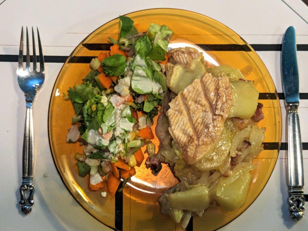 Tartiflette with potatoes and a salad with blue cheese dressing.jpg