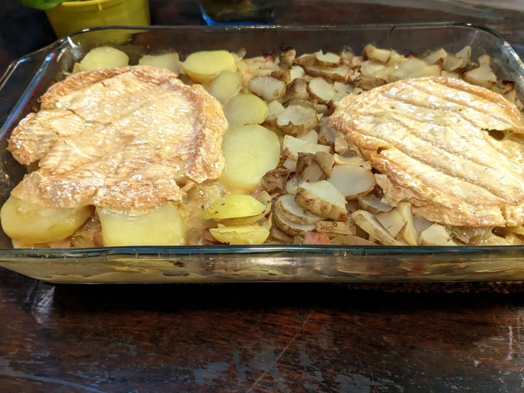 Tartiflette with potatoes on the left and with sunroots on the right.jpg