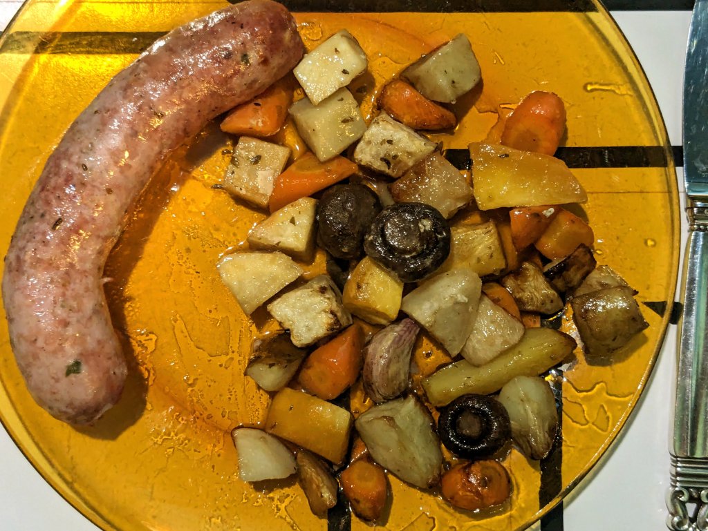 Tray bake of root veg, Santiago lime and cilantro sausages.jpg