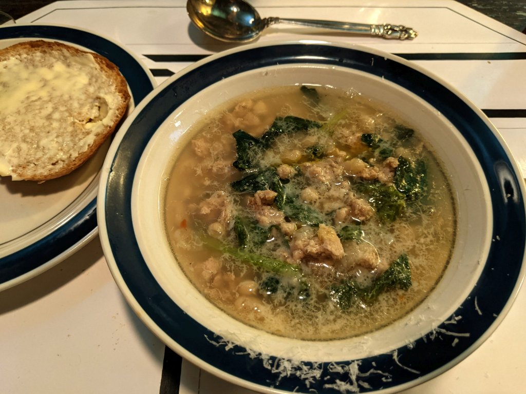 White bean and Italian sausage soup with wholegrain bread and butter.jpg