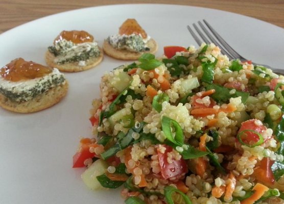 quinoa and veggie salad with herbed goat cheese and fig jam.jpg
