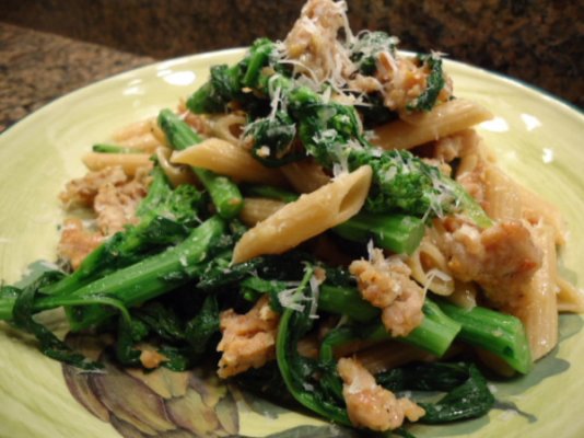 Whole Wheat Penne pasta with Chicken Italian sausage and Broccoli Rabe.jpg