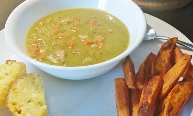 split pea soup with jalapeno cornbread and roasted sweet potatoes.jpg