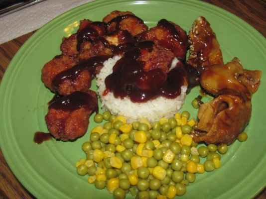 Chicken Nuggets & BBQ sauce over Rice, with Fried Won-Tons in a Sesame Sauce.jpg