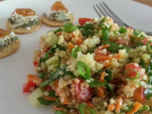 quinoa and veggie salad with herbed goat cheese and fig jam.jpg