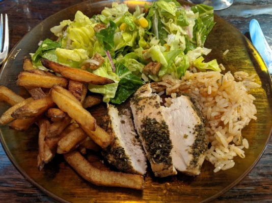 Roasted, herb marinated chicken, salad, duck fat fried French fries, pilaf.jpg