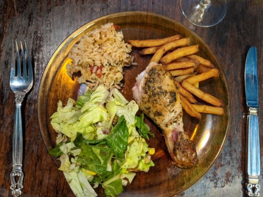 Roasted, herb marinated chicken leg, salad, duck fat fried French fries, pilaf.jpg