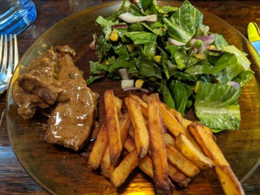 Steak strips, salad, duck fat fries, Sti's plate.jpg