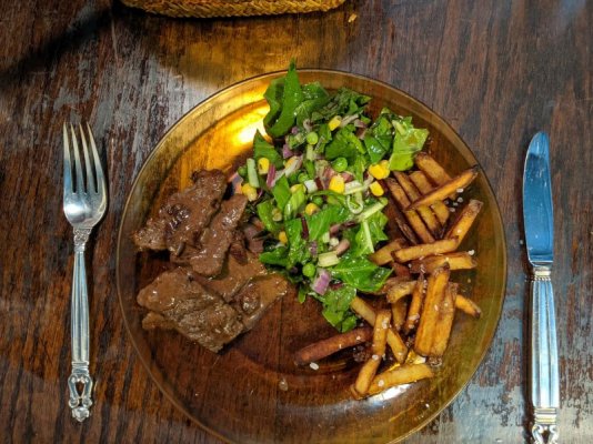 Steak strips, salad, duck fat fries, Linda's plate.jpg