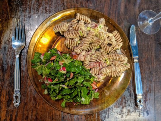Pasta Carbanaroid and a leafy salad with homemade vinaigrette 2.jpg