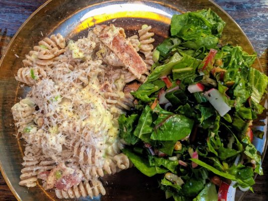 Pasta Carbanaroid and a leafy salad with homemade vinaigrette 1.jpg