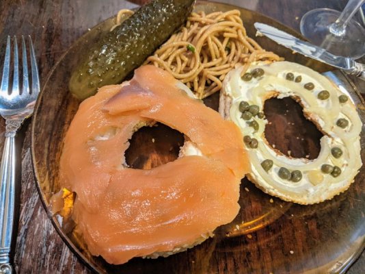 smoked salmon on a bagel, sesame noodles, garlic dill pickle.jpg