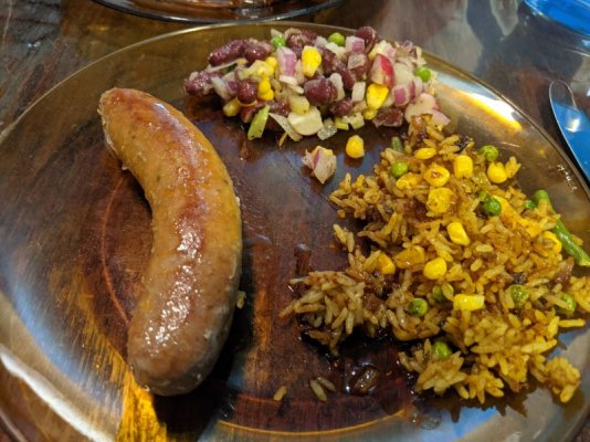Italian sausage, rice fried with veg and Madras curry paste, bean salad.jpg