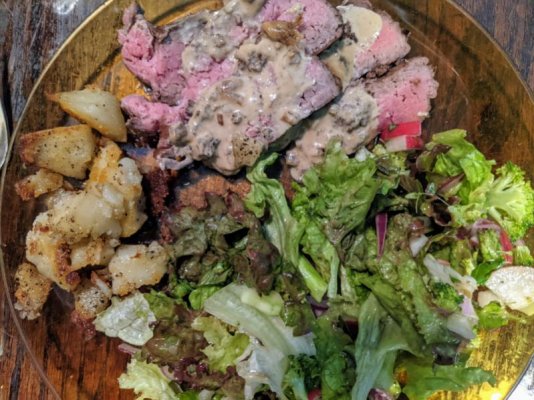 French steak with cream sauce, salad with homemade vinaigrette, and smashed potato.jpg