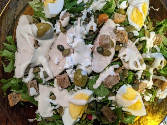 Salad with chicken, hard cooked eggs, Feta, and ranchoid dressing.jpg