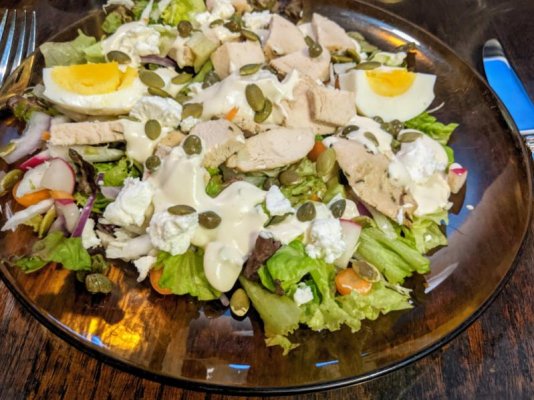 Salad with roast chicken, hard cooked egg, chèvre, and ranchoid dressing.jpg