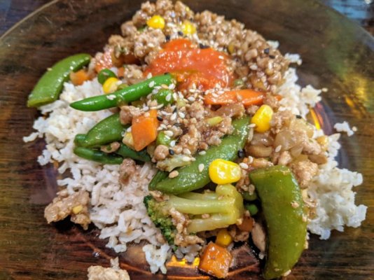 Bachelor surprise with ground pork and stir fry sauce with ginger and garlic, and brown rice.jpg
