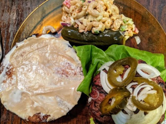 Grilled burger, pasta salad, and a pickle.jpg