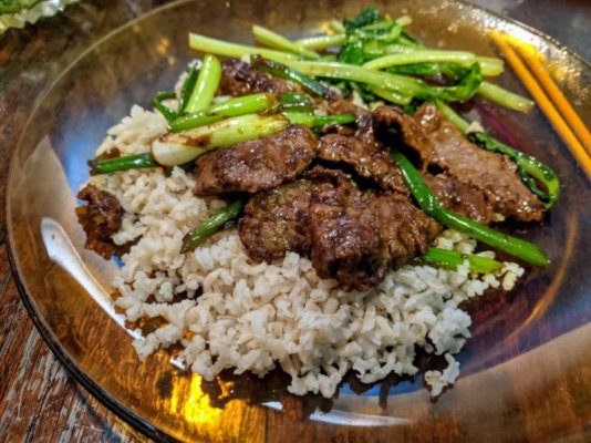 Mongolian beef and tatsoi, with brown rice.jpg