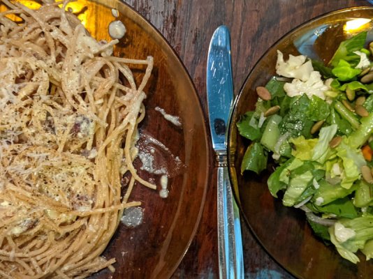 Spaghetti carbonara and a salad.jpg