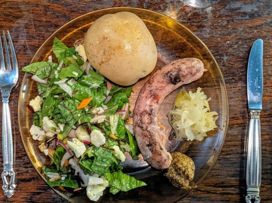 Grilled white wine and shallot sausage, boiled new potato, and salad with vinaigrette, Stirling'.jpg