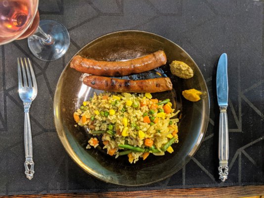 Grilled merguez sausages and mixed vegis and rice with green masala, Stirling's plate.jpg