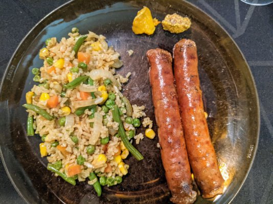Grilled merguez sausages and mixed vegis and rice with green masala, Linda's plate.jpg