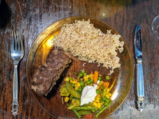 Meatloaf, brown basmati rice, and vegis with green masala, Linda's plate.jpg