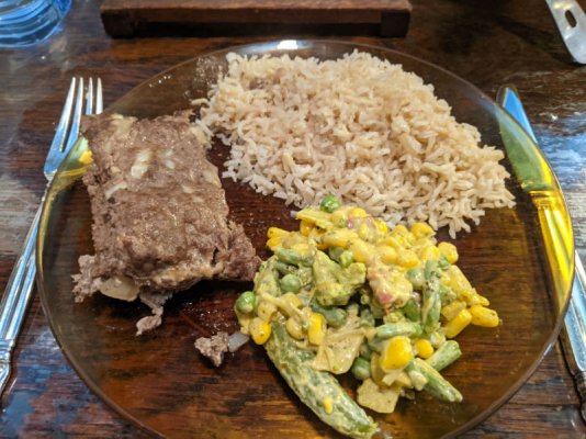 Meatloaf, brown basmati rice, and vegis with green masala, Stirling's plate.jpg