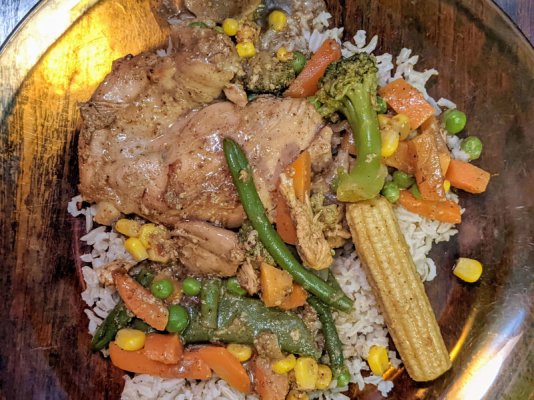 Chicken and vegis in curry sauce on brown basmati rice, Linda's plate.jpg