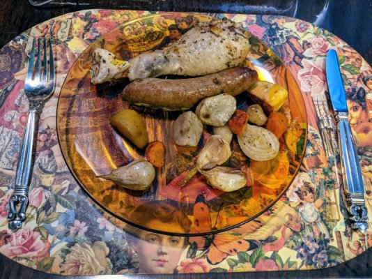 Chicken, Italian sausage, and vegis tray bake, Linda's plate.jpg
