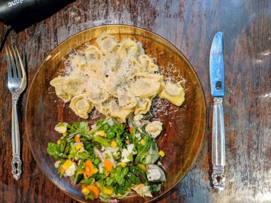 Tortellini with browned butter and sage and a salad.jpg