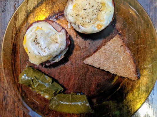 Ham and egg cups with cheese, dolmadakia, and whole grain toast.jpg