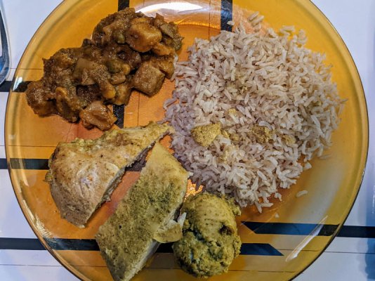 Coconut & curry marinated chicken, vegetable tikka masala, and brown basmati rice 1.jpg