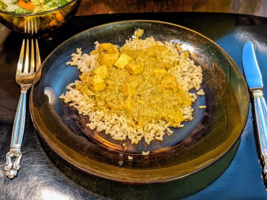 Chicken curry on brown basmati rice and a salad 2.jpg