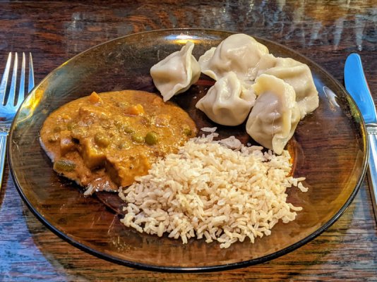 Beef & Curry dumplings, Jaipur vegis, brown basmati rice.jpg