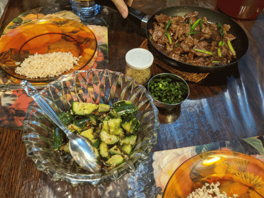 Mongolian beef, Szechuan cucumber salad, and brown rice.gif