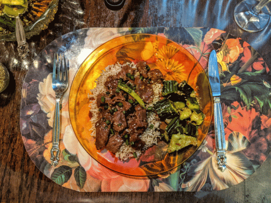 Mongolian beef on brown rice and  Szechuan cucumber salad.gif