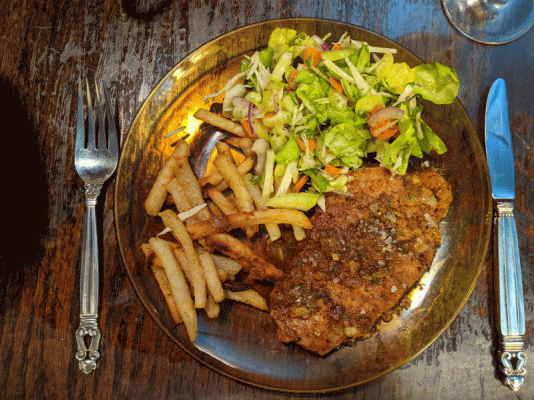 Pork chops Lyonnaise, oven  fries, and a salad with homemade vinaigrette 2.gif
